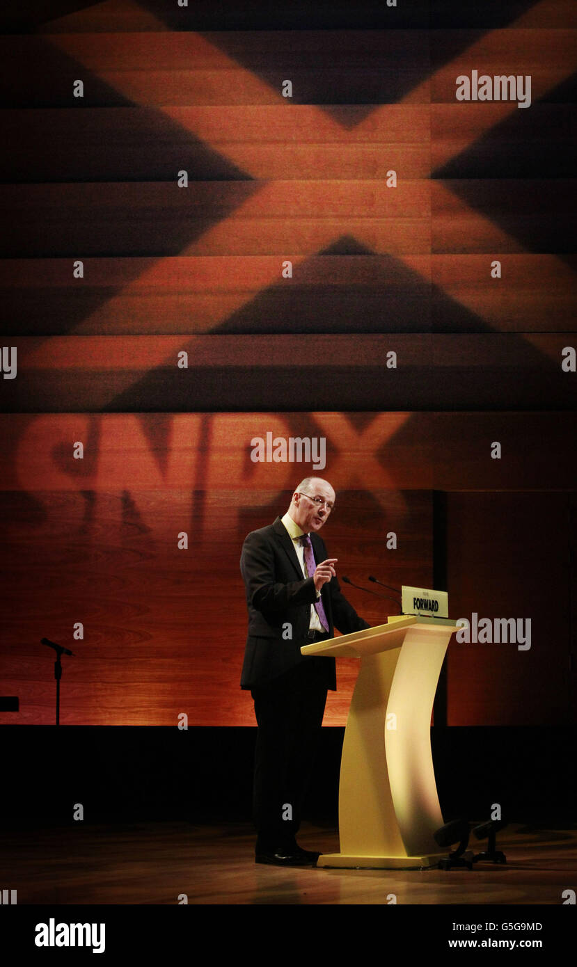 John Swinney MSP, Cabinet Secretary for Finance, addresses the Scottish National Party (SNP) annual national conference at Perth Concert Hall in Scotland. Stock Photo