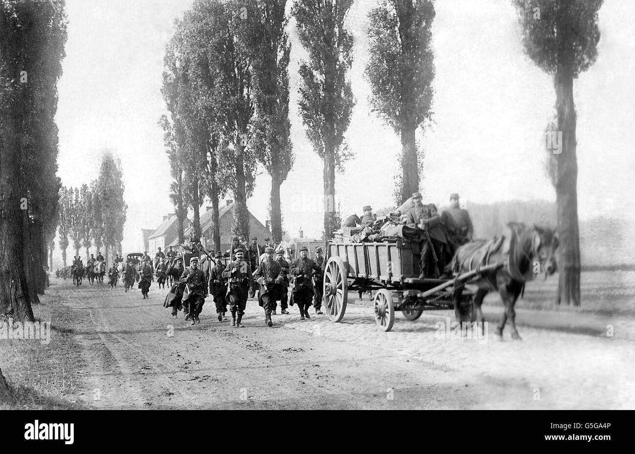World War One - French Cavalry - Douai - France. French troops and transport on a road near Douai in France. Stock Photo