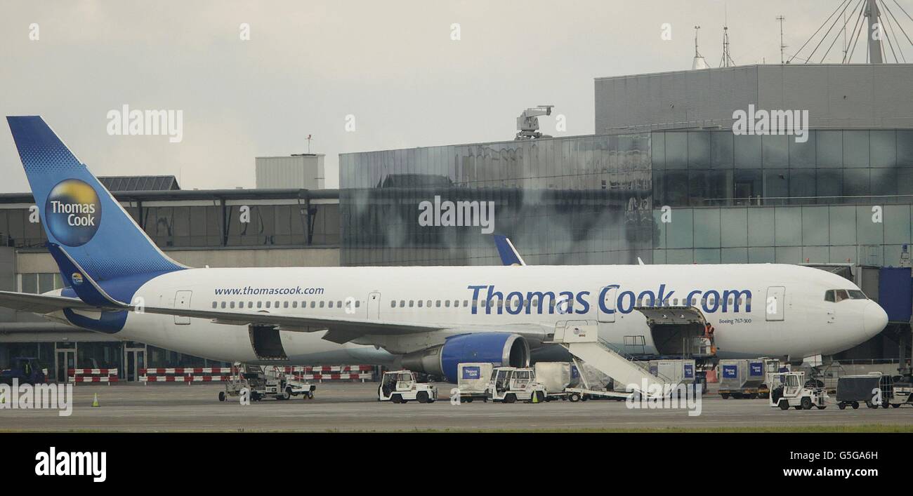 The Thomas Cook aircraft at Dublin Airport that was forced to make an emergency landing after smoke was detected in the cockpit. Stock Photo