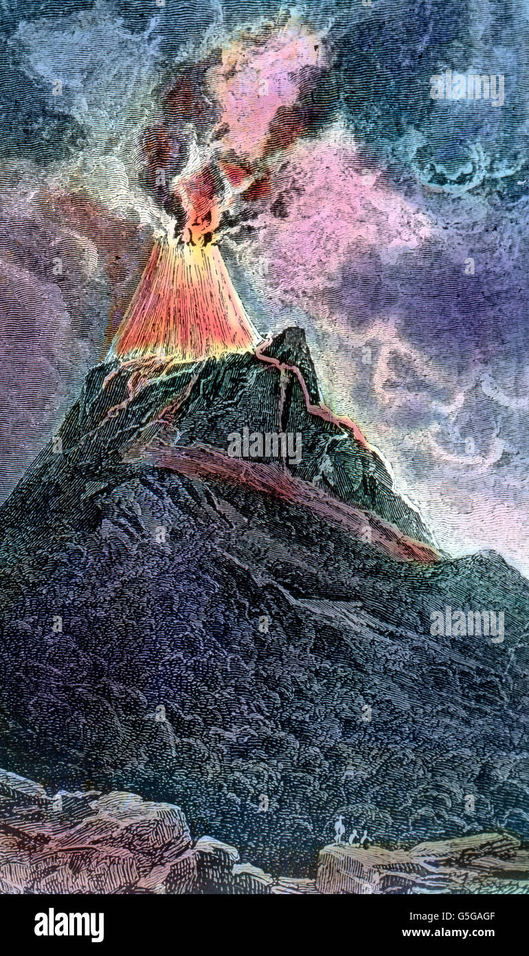 Der Vulkan Cotopaxi in Ecuador. Cotopaxi volcano in Ecuador. illustration, volcano, eruption, mountain, fire, ash, rock, catastrophy, disaster, nature, volcanicity, volcanism, geology, history, historical, 1910s, 1920s, 20th century, archive, Carl Simon, hand-coloured glass slide Stock Photo