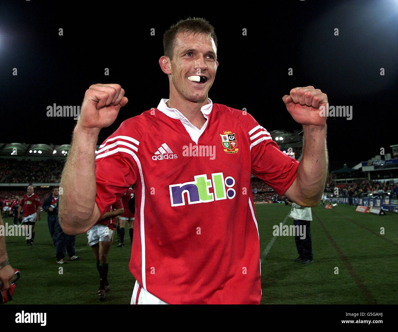 Daffed James Rugby Dafydd James celebrates as he walks off at the Gabba after the Lions ...