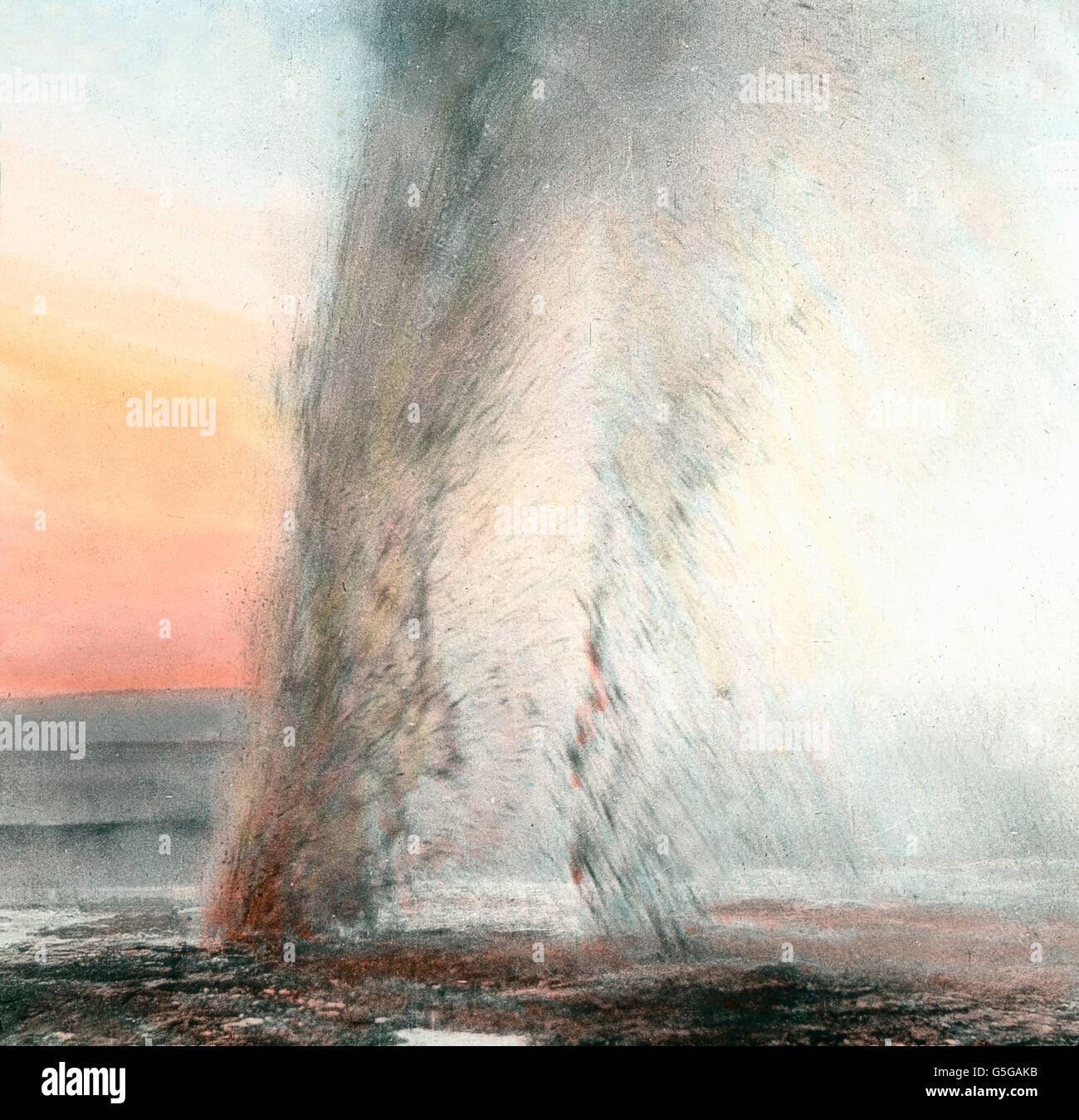 Großer Geysir in Island. Big gusher in Iceland. hot, spring, water, fountain, cupola, eruption, punctual, volcanicity, volcanism, geology, history, historical, 1910s, 1920s, 20th century, archive, Carl Simon, hand-coloured glass slide Stock Photo