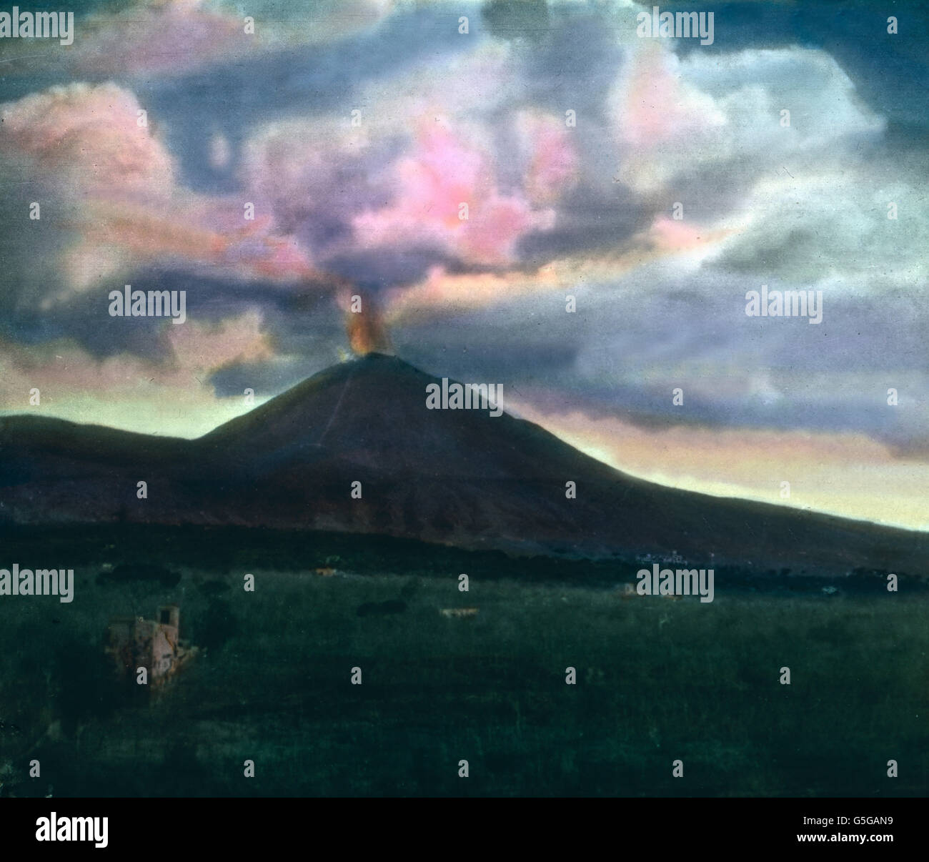 Wasserdämpfe aus einem Vulkan. Water vapors coming out of a volcano. illustration, mountain, volcano, cloud, erupting, eruption, volcanicity, volcanism, geology, history, historical, 1910s, 1920s, 20th century, archive, Carl Simon, hand-coloured glass slide Stock Photo