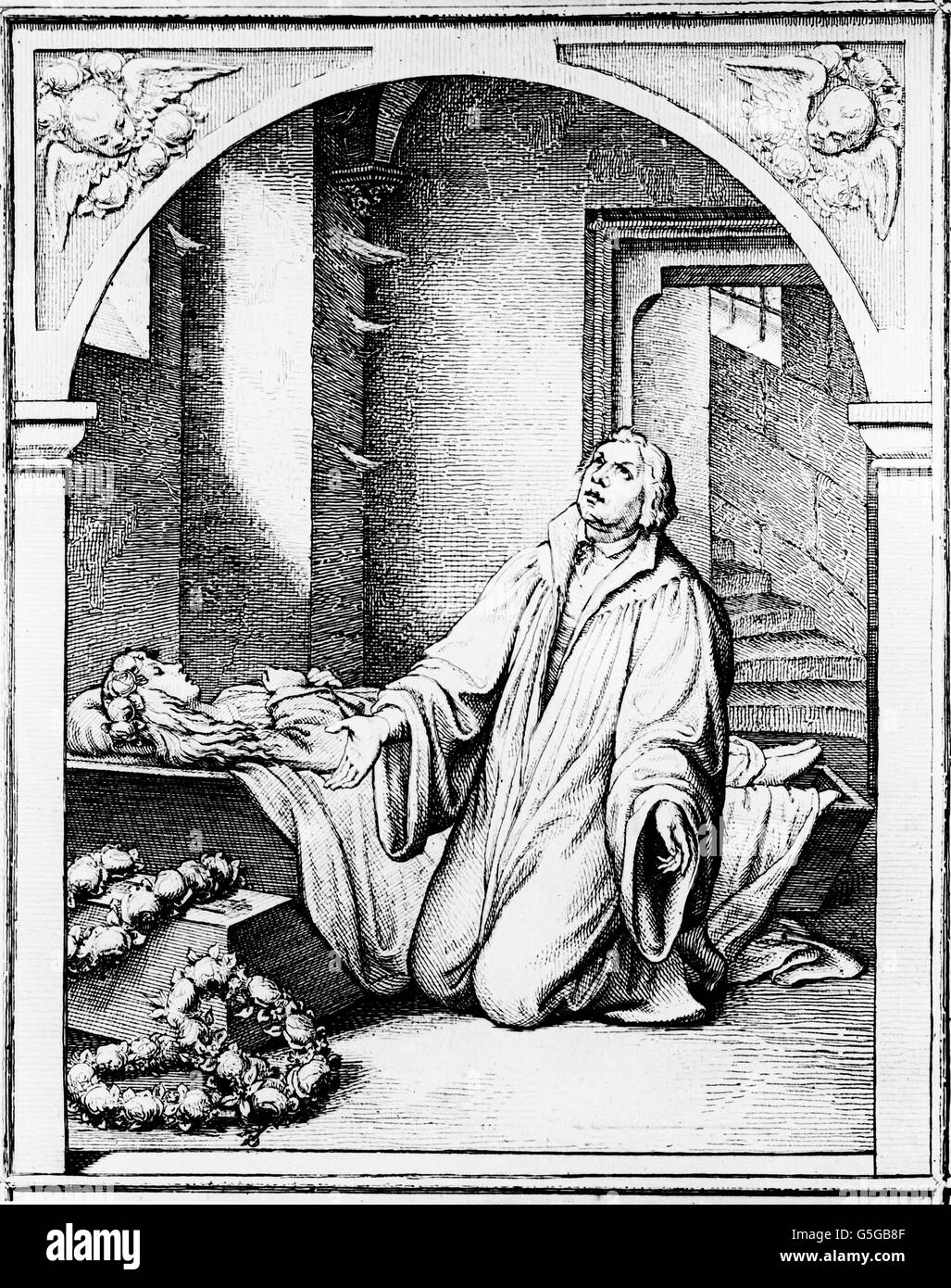 Martin Luther betet am Sterbebett eines Mädchens. Martin Luther praying at a deathbed of a girl. Stock Photo