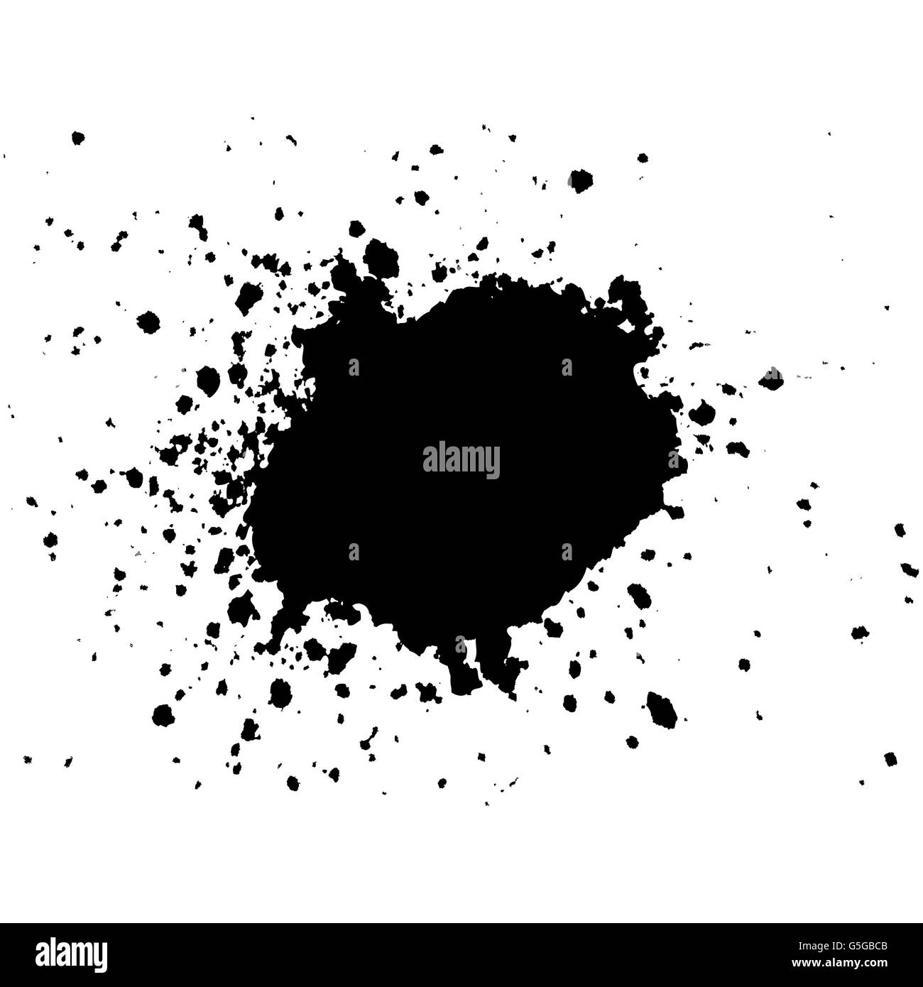 Black Ink paint blob with splatter on white background. Stain abstract background, frame vector illustration. Stock Vector