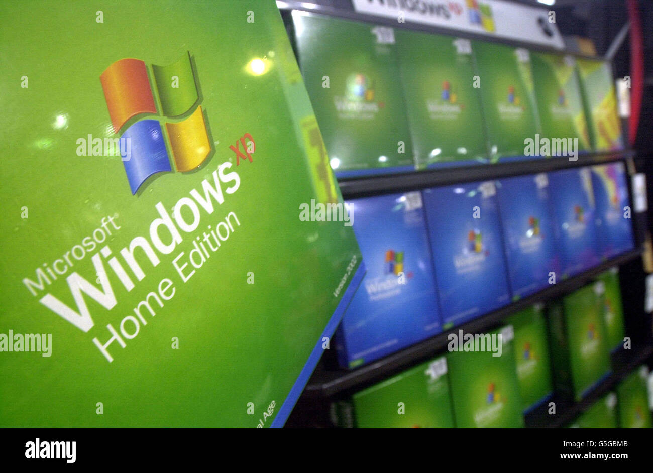 A copy of Windows XP Home Edition in front of the main display at London's HMV Oxford Street record shop. The package is an update for the popular operating software which has been launched by Microsoft world-wide. Stock Photo