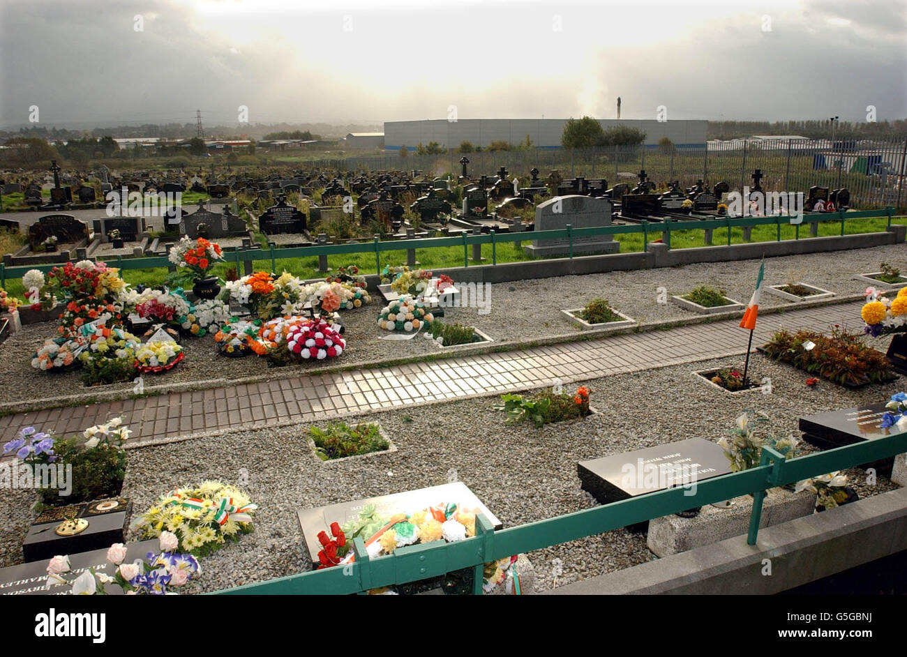 The Republican movement's burial plot at Milltown Cemetery, Belfast, where IRA Volunteers, including Bobby Sands are buried. British forces have begun to dismantle watch towers across Northern Ireland in response to the announcement by the IRA. * ... that they have begun to decommission their weapons. Stock Photo