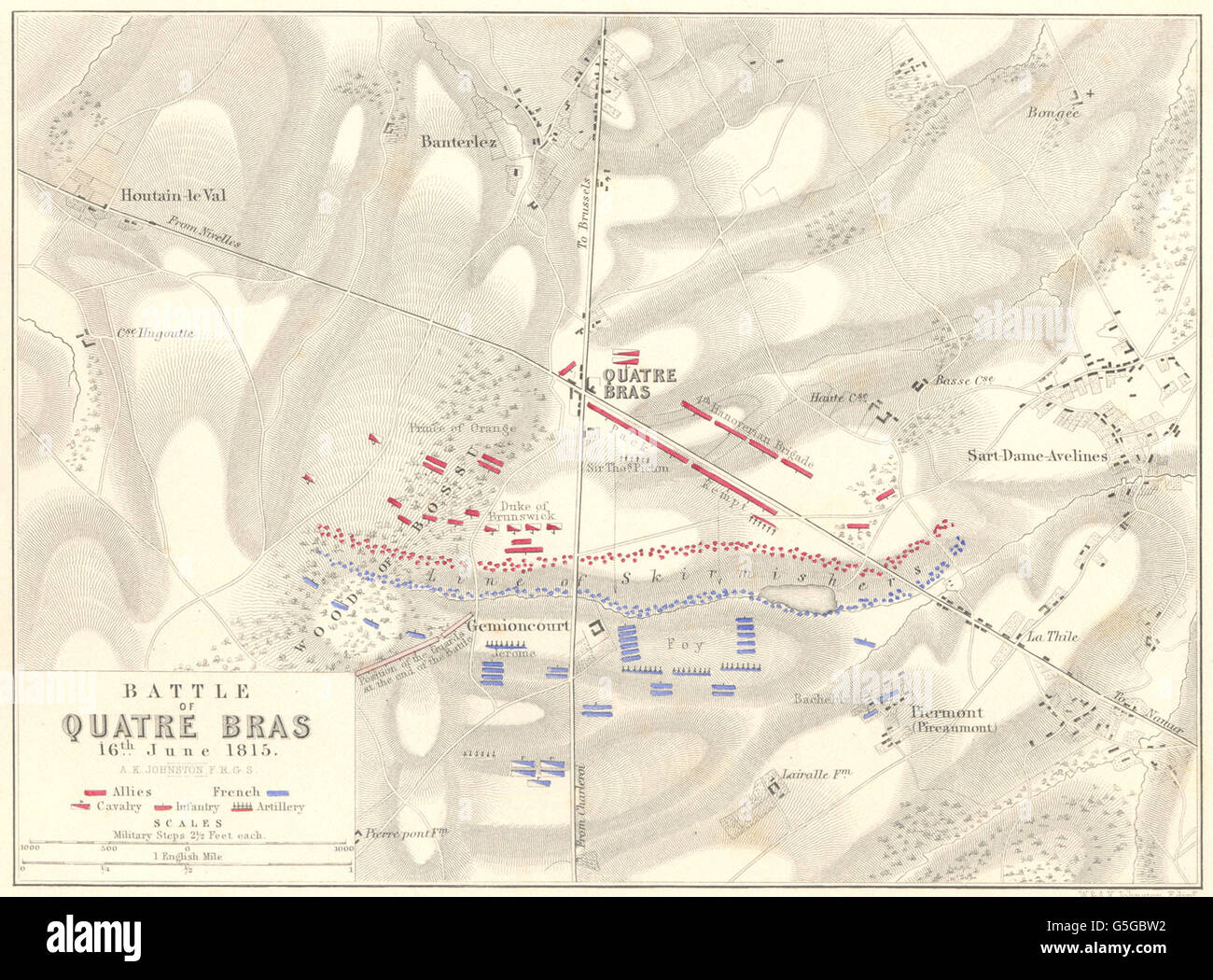 BATTLE OF QUATRE BRAS: 16th June 1815. Belgium. Napoleonic Wars, 1848 old  map Stock Photo - Alamy
