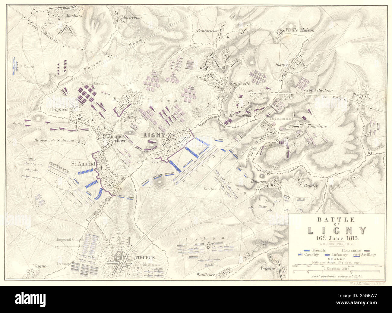 BATTLE OF LIGNY: 16th June 1815. Belgium. Napoleonic Wars, 1848 antique map Stock Photo