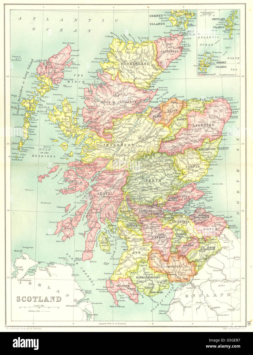 Shetland Isles BUTLER 1888 map SCOTLAND Showing counties; Inset central belt 