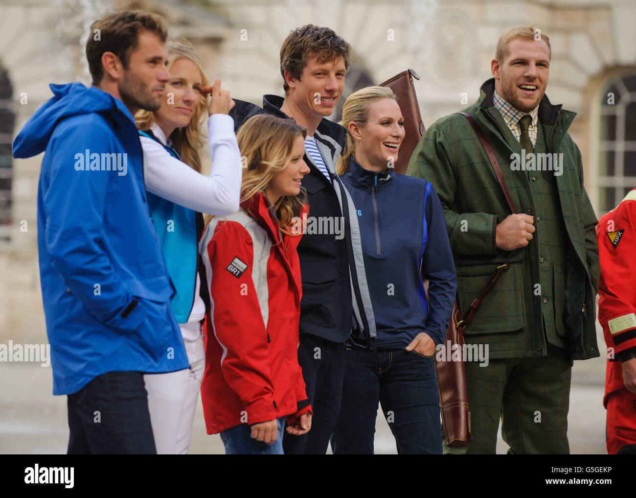 Zara Phillips (second from right) with(left to right) Nick Dempsey, Saskia  Clark, Hannah Mills, Stuart Bithell and James Haskell, during a photocall  for the Musto Spring/Summer 2013 collection, at Somerset House, central
