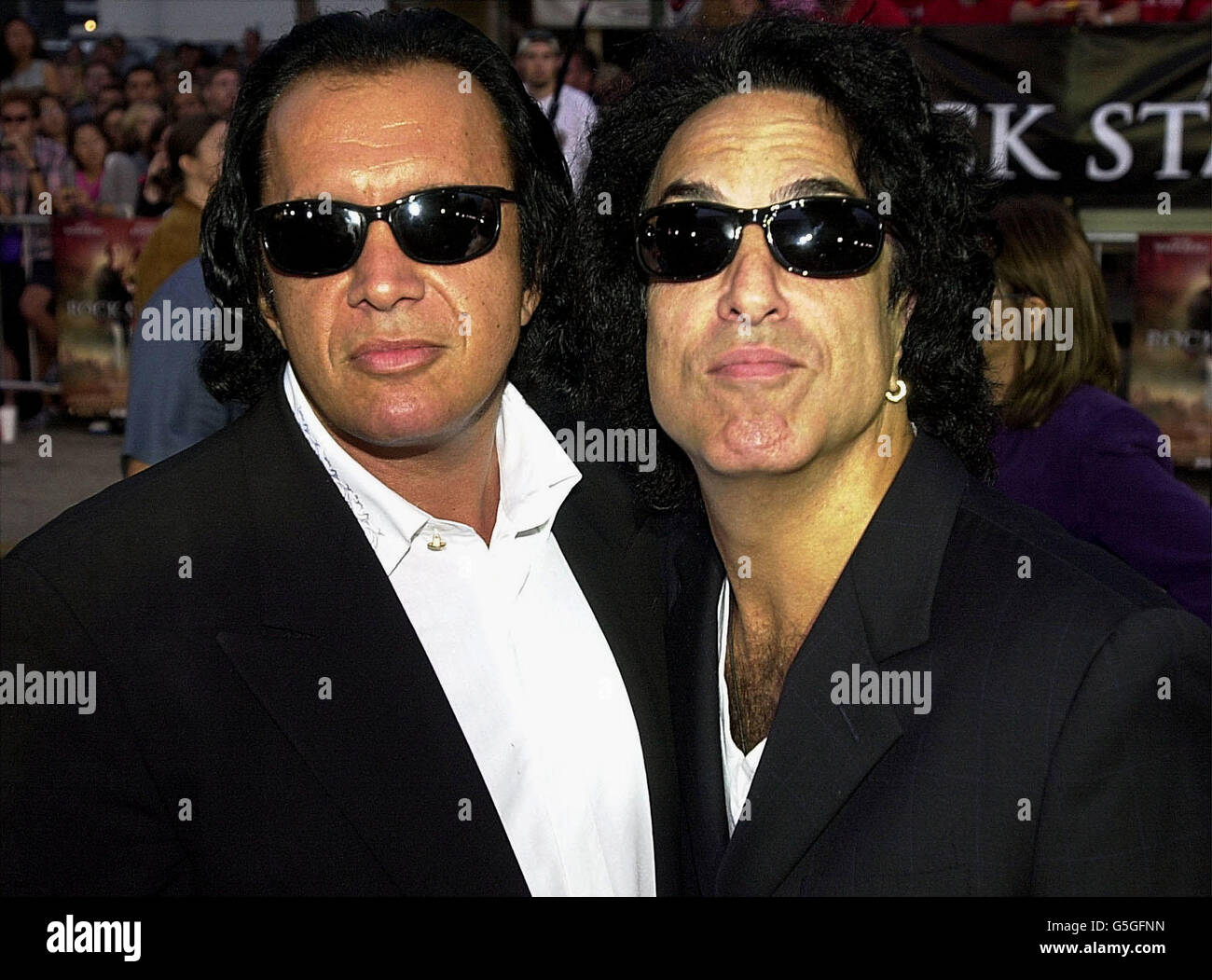 Gene Simmons, left, and Paul Stanley of the rock group Kiss arriving at the US premiere of the film Rockstar, in Los Angeles, USA. Stock Photo