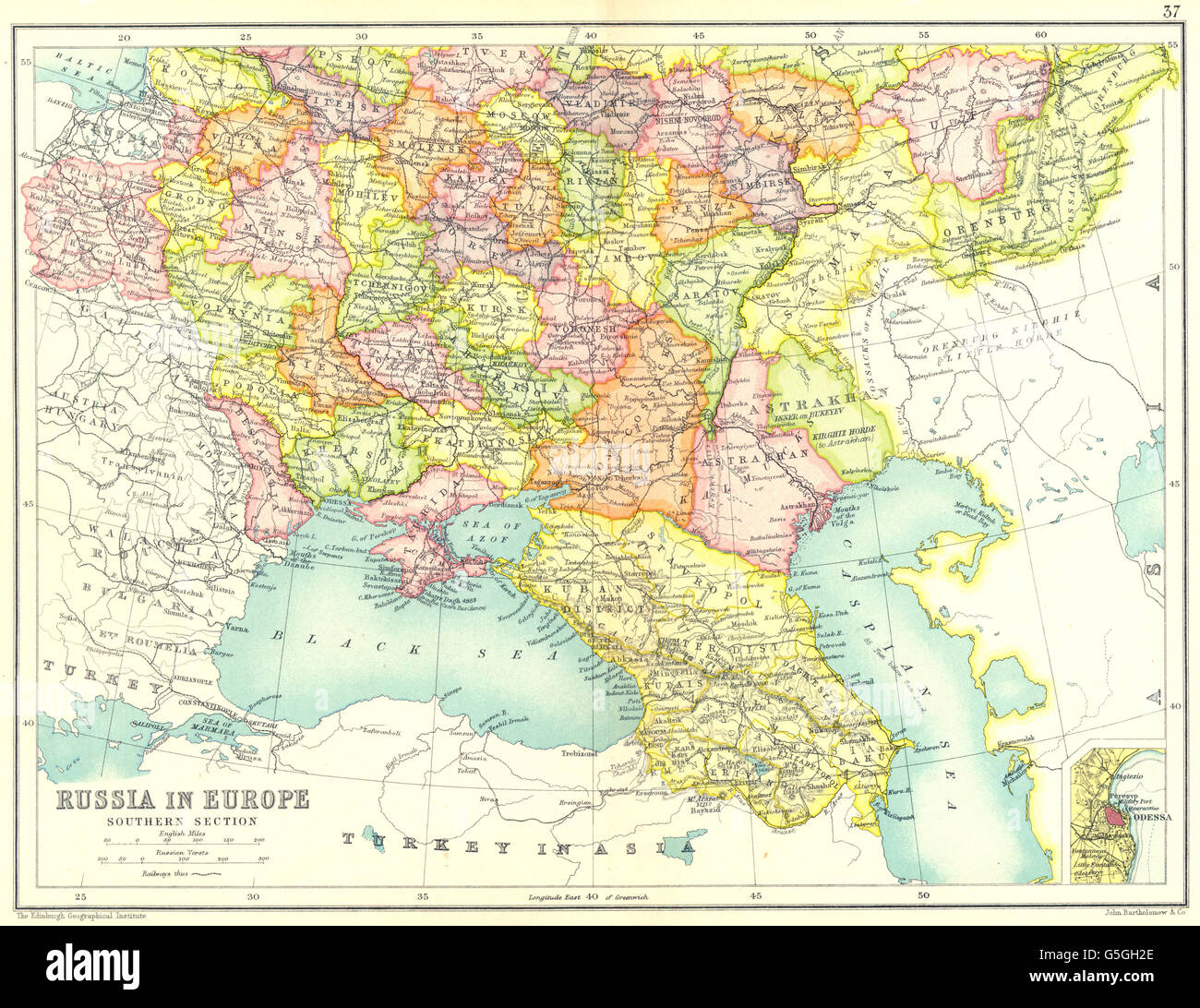 EUROPEAN RUSSIA S: Ukraine Poland Trans-Caucasia.Inset Odessa, 1909 old map Stock Photo