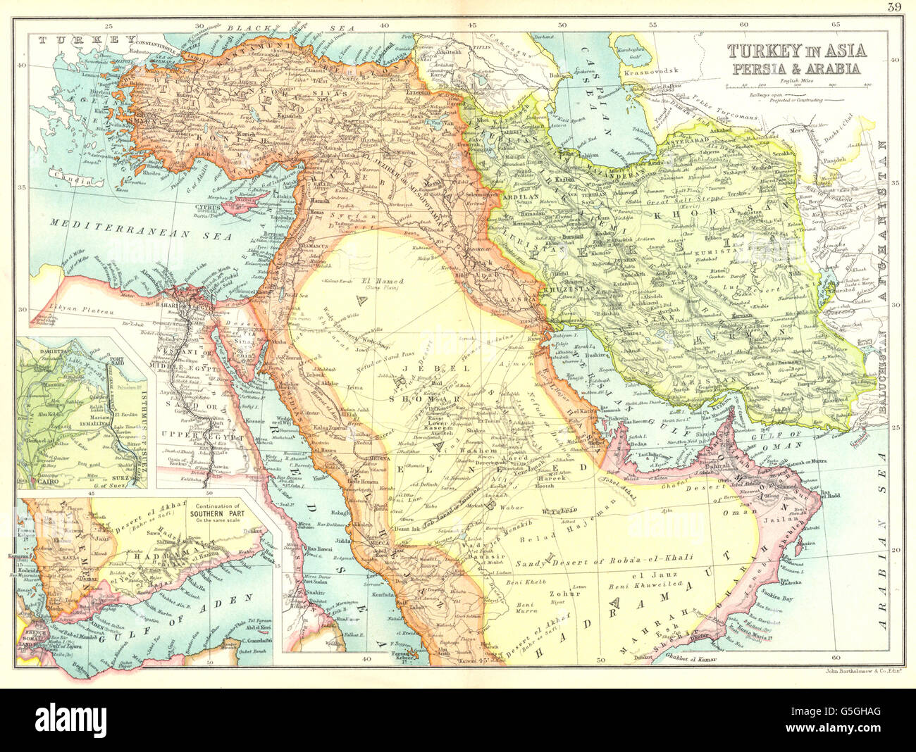 MIDDLE EAST:Turkey in Asia Persia Arabia;Suez Canal; Gulf of Aden, 1909 map Stock Photo