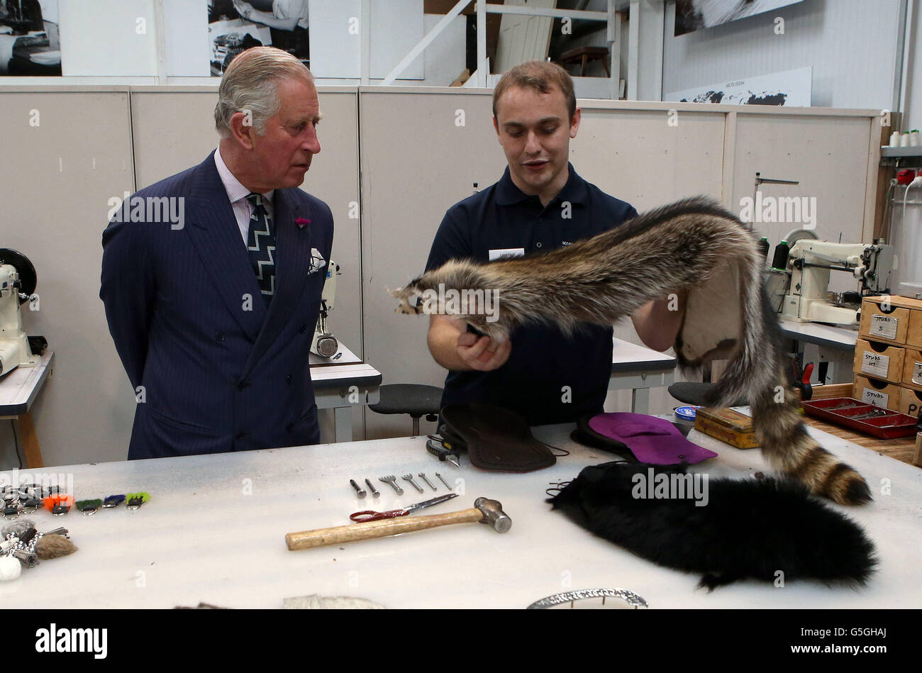 The Duke of Rothesay meets Liam Neil during a visit to sporran-maker Margaret Morrison in Perth, Perthshire. Stock Photo