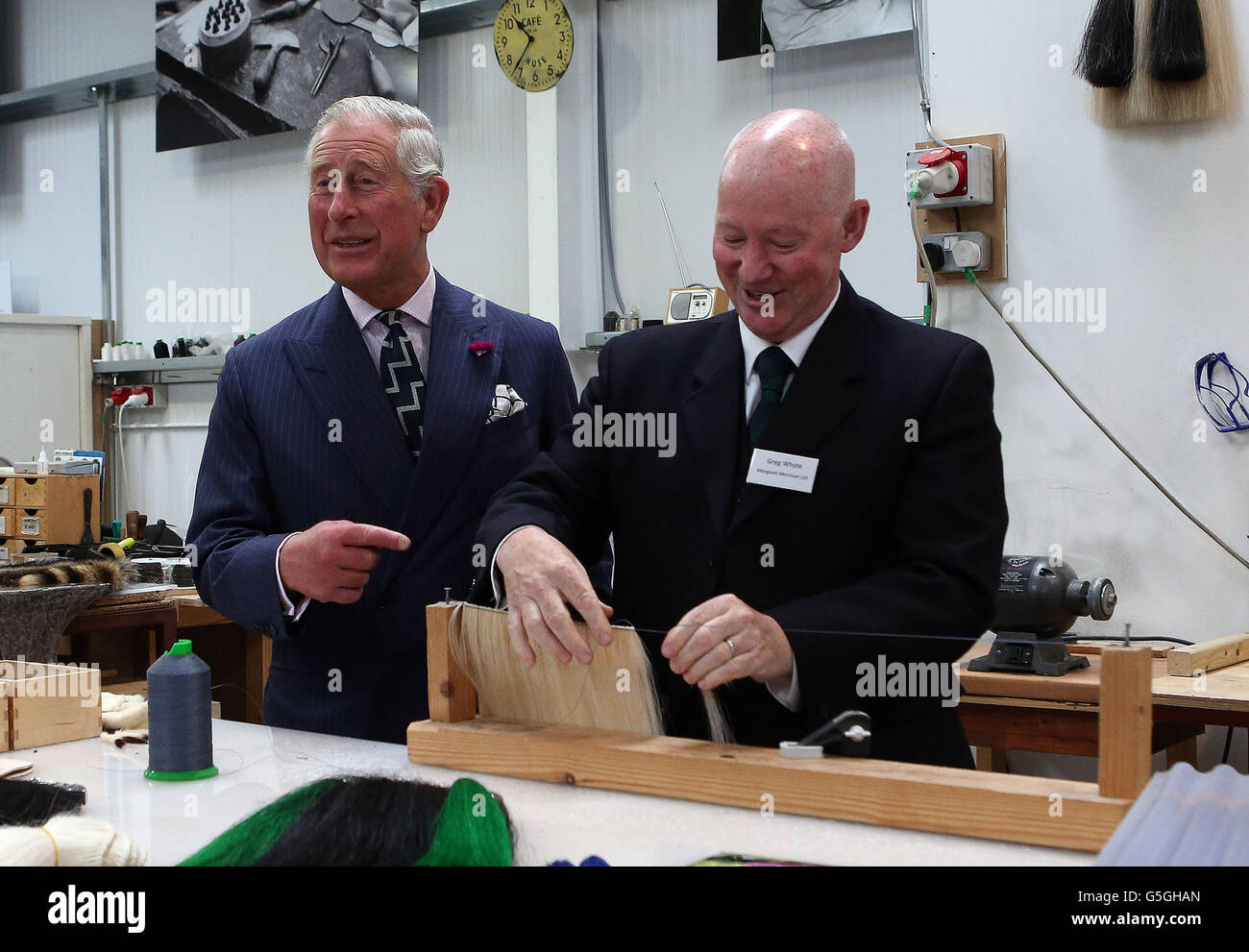 The Duke of Rothesay meets boss Greg Whyte during a visit to sporran-maker Margaret Morrison in Perth, Perthshire. Stock Photo