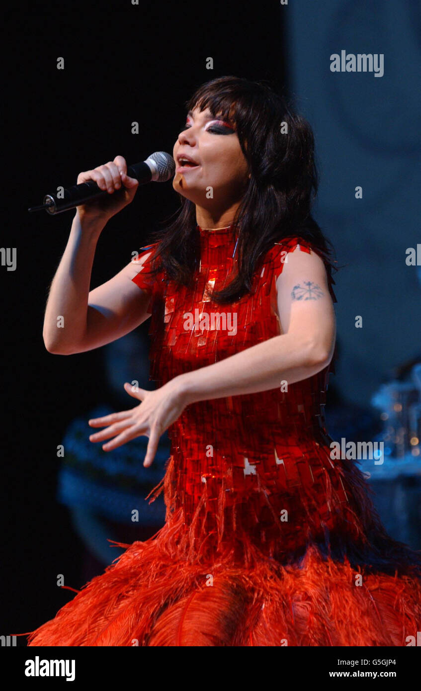 Icelandic pop singer Bjork performing on stage at the London Coliseum, in London. Stock Photo