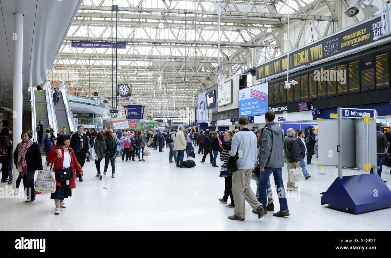 Waterloo station in London as some South West Trains to and from Waterloo station were cancelled or diverted because of an electrical supply problem to the level crossings between Barnes and Richmond in south-west London. Stock Photo