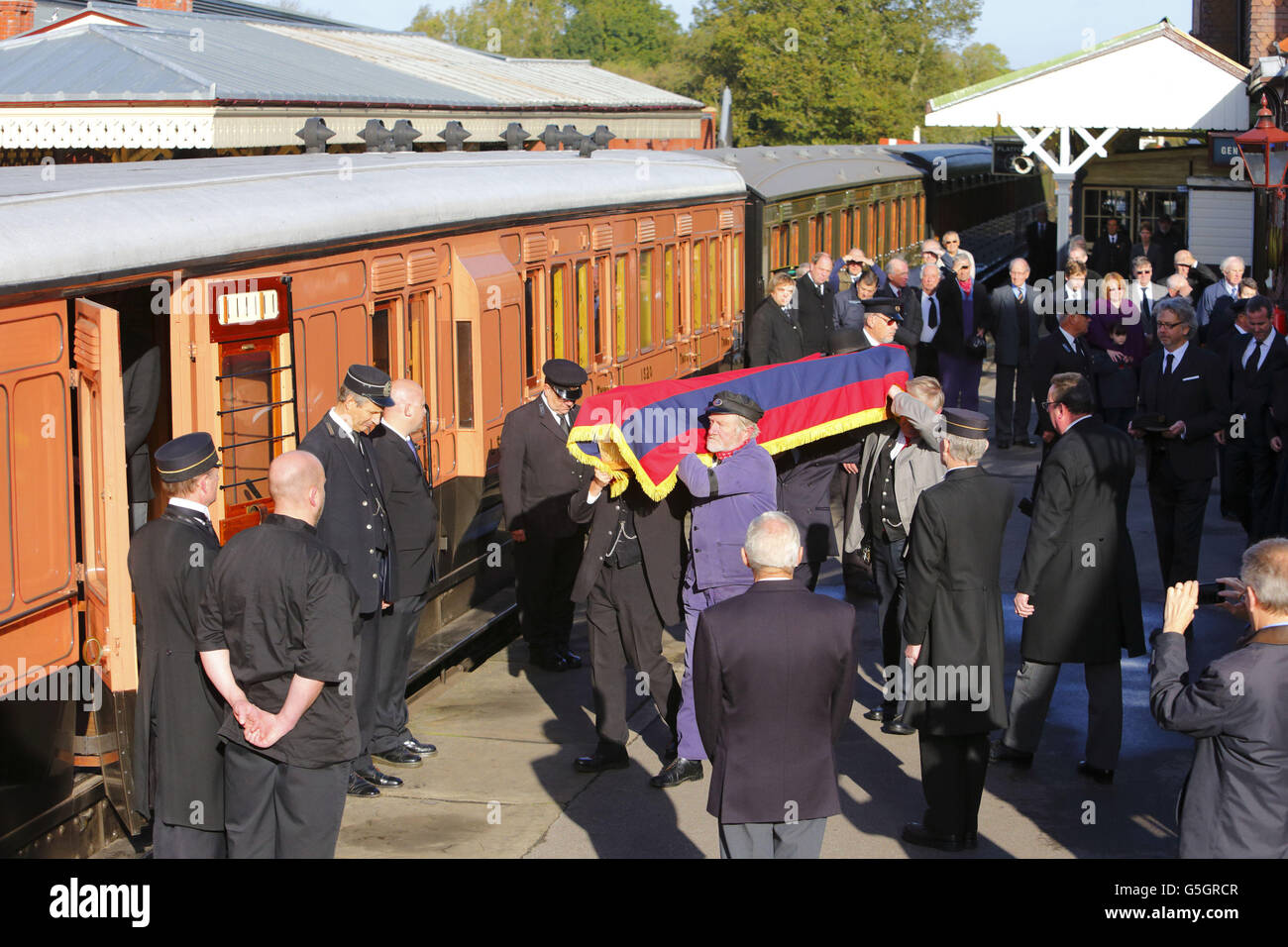 The coffin of Bernard Holden, founder of the Bluebell Railway, is