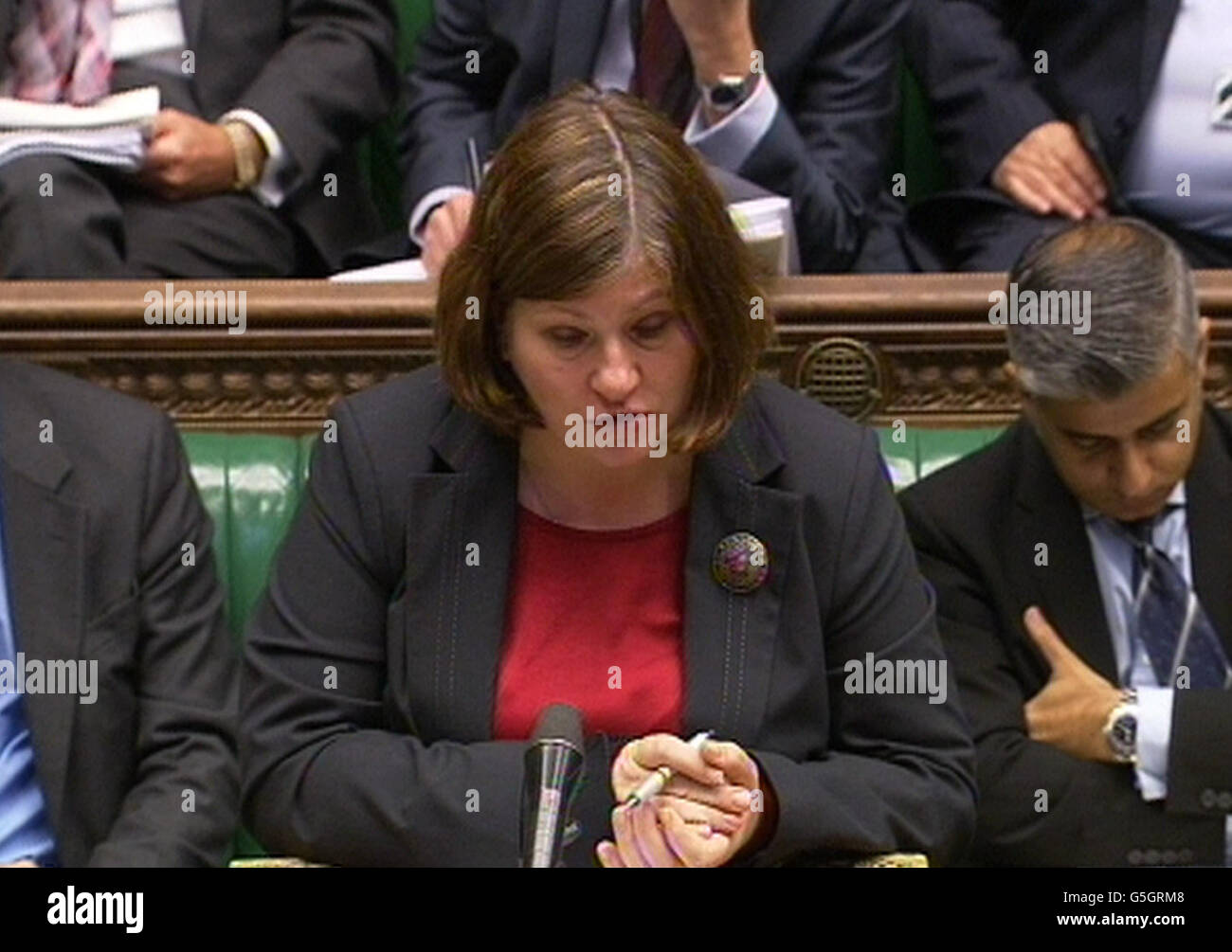 Shadow Attorney General Emily Thornberry makes a statement following an announcement by the Attorney General, Dominic Grieve QC in the House of Commons, London, where he paved the way for a fresh inquest to be held into the deaths of 96 fans in the Hillsborough disaster 23 years ago. Stock Photo