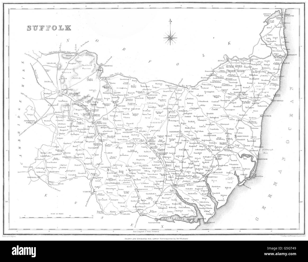SUFFOLK: Suffolk: Lewis, 1844 antique map Stock Photo