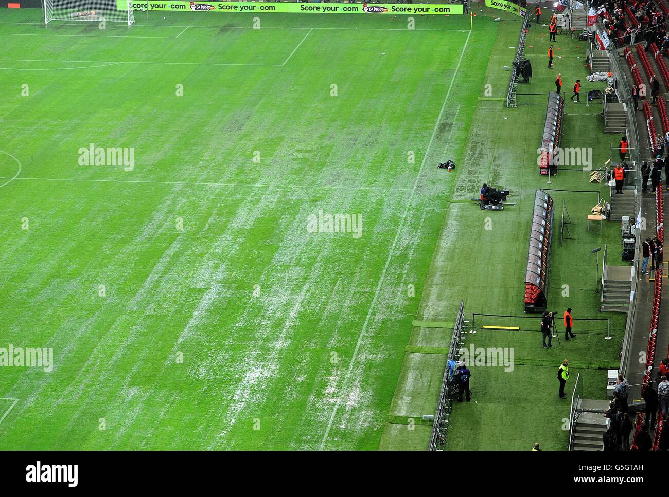 General view of the waterlogged pitch at the national stadium hires