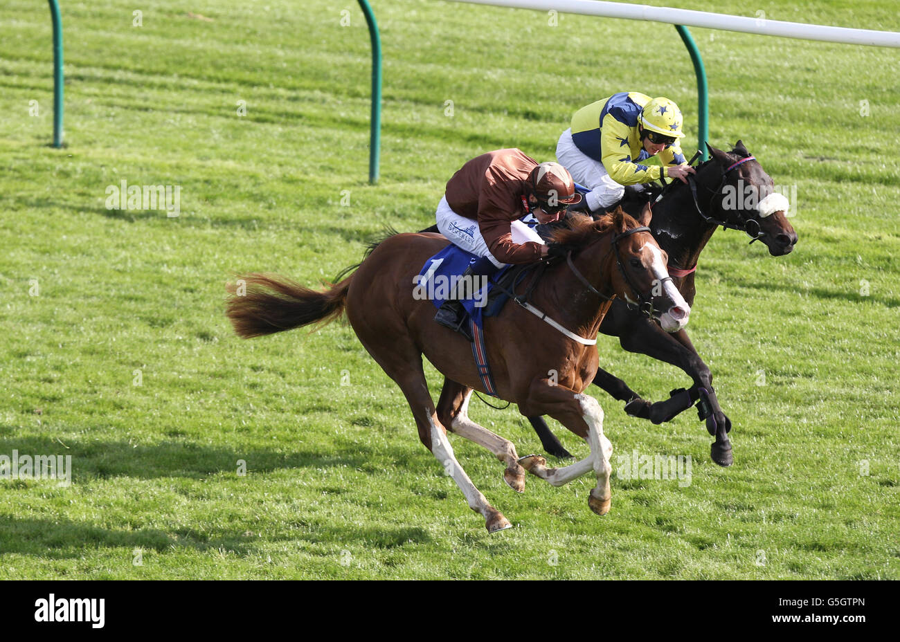 Top Notch Tonto (left) ridden by jockey Dale Swift pips Kolonel Kirkup ridden by Mirco Demuro to win the Sked Construction - Concrete's What We Do Nursery race Stock Photo