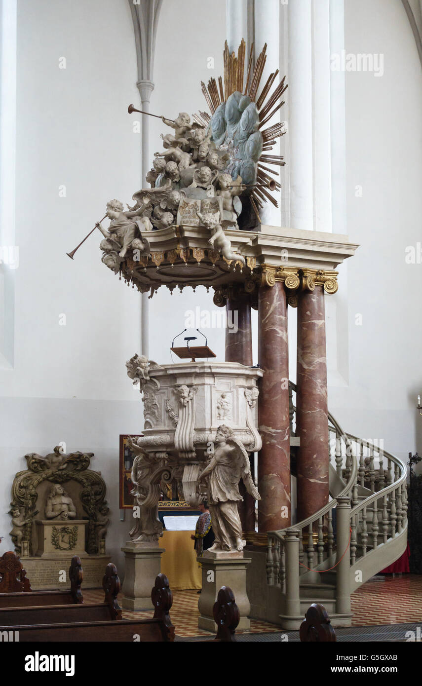 Berlin, Germany. Interior of the Marienkirche, the oldest church in the city, dating from the 13c. The Baroque pulpit (1703) Stock Photo