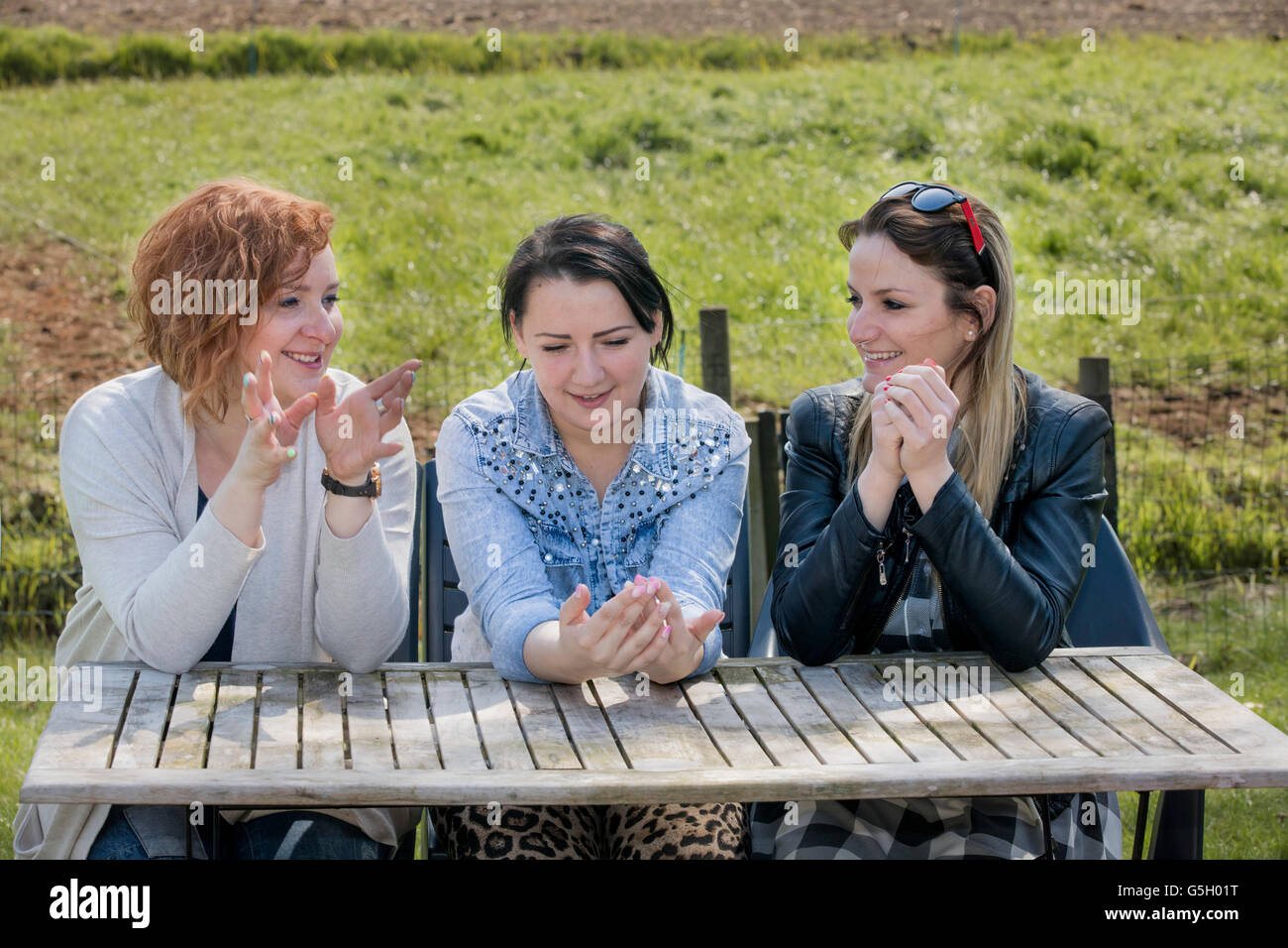 Happy women gather and chat at picnic table outside in meadow land Stock Photo