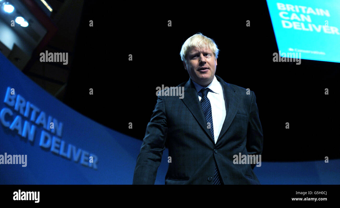 Mayor of London Boris Johnson leaves the stage after addressing the Conservative Party conference at the International Convention Centre in Birmingham. Stock Photo
