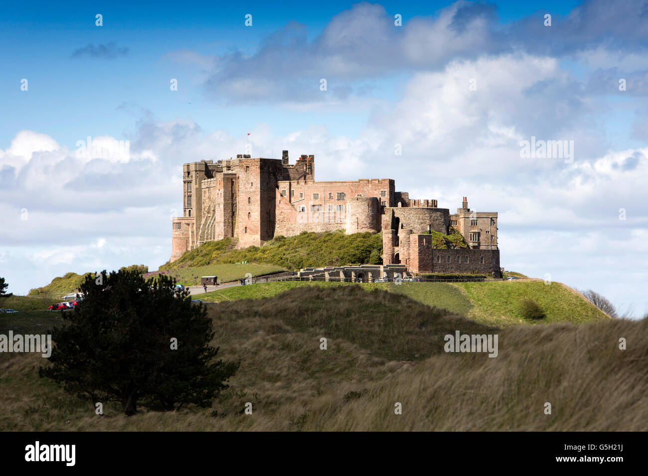 UK, England Northumberland, Bamburgh Castle from Redbarns Links sand dunes Stock Photo