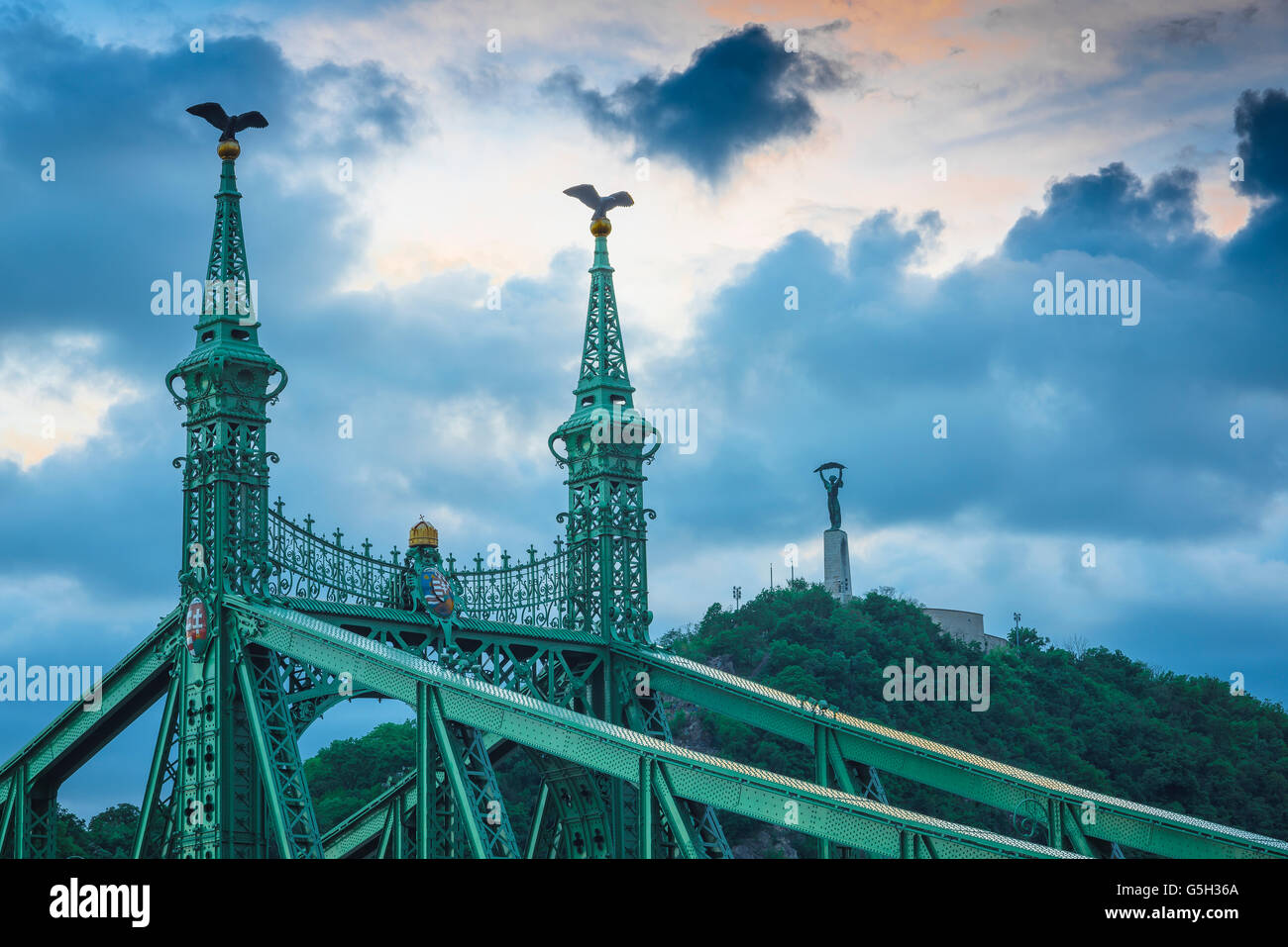 Liberty Bridge Budapest, detail of the Szabadsag Bridge at dusk with Gellert-hegy Hill in the background, Hungary. Stock Photo
