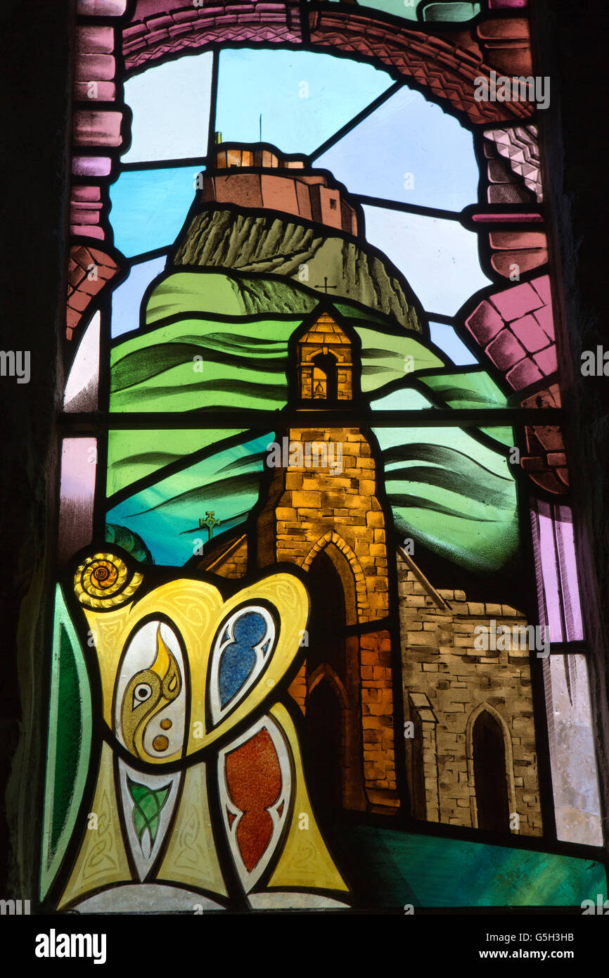 UK, England Northumberland, Holy Island, St Mary’s Church, Crossman family window, detail, Lindisfarne Castle Stock Photo