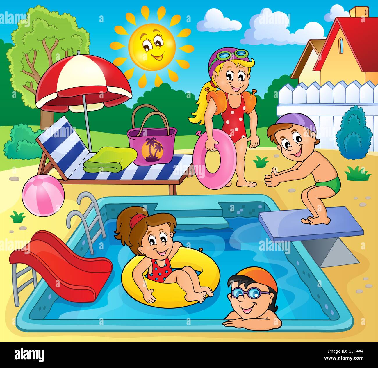 Children by pool theme image 2 - picture illustration Stock Photo - Alamy