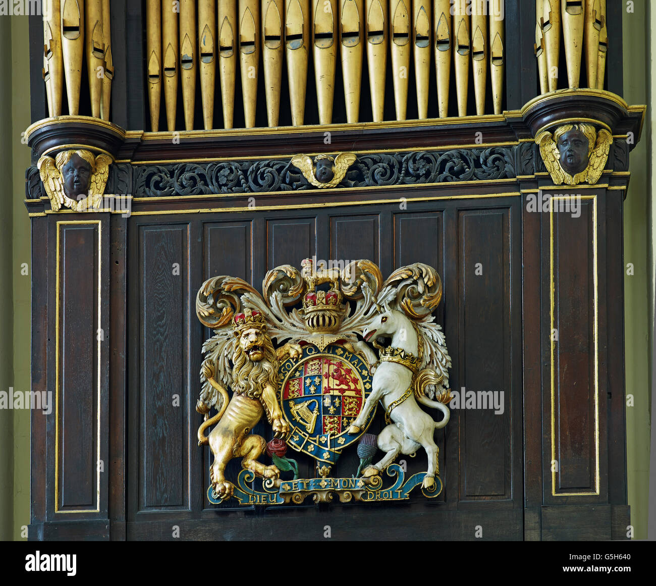 St Edmund King and Martyr, Church in the City of London. Royal Stuart Coat of Arms Stock Photo