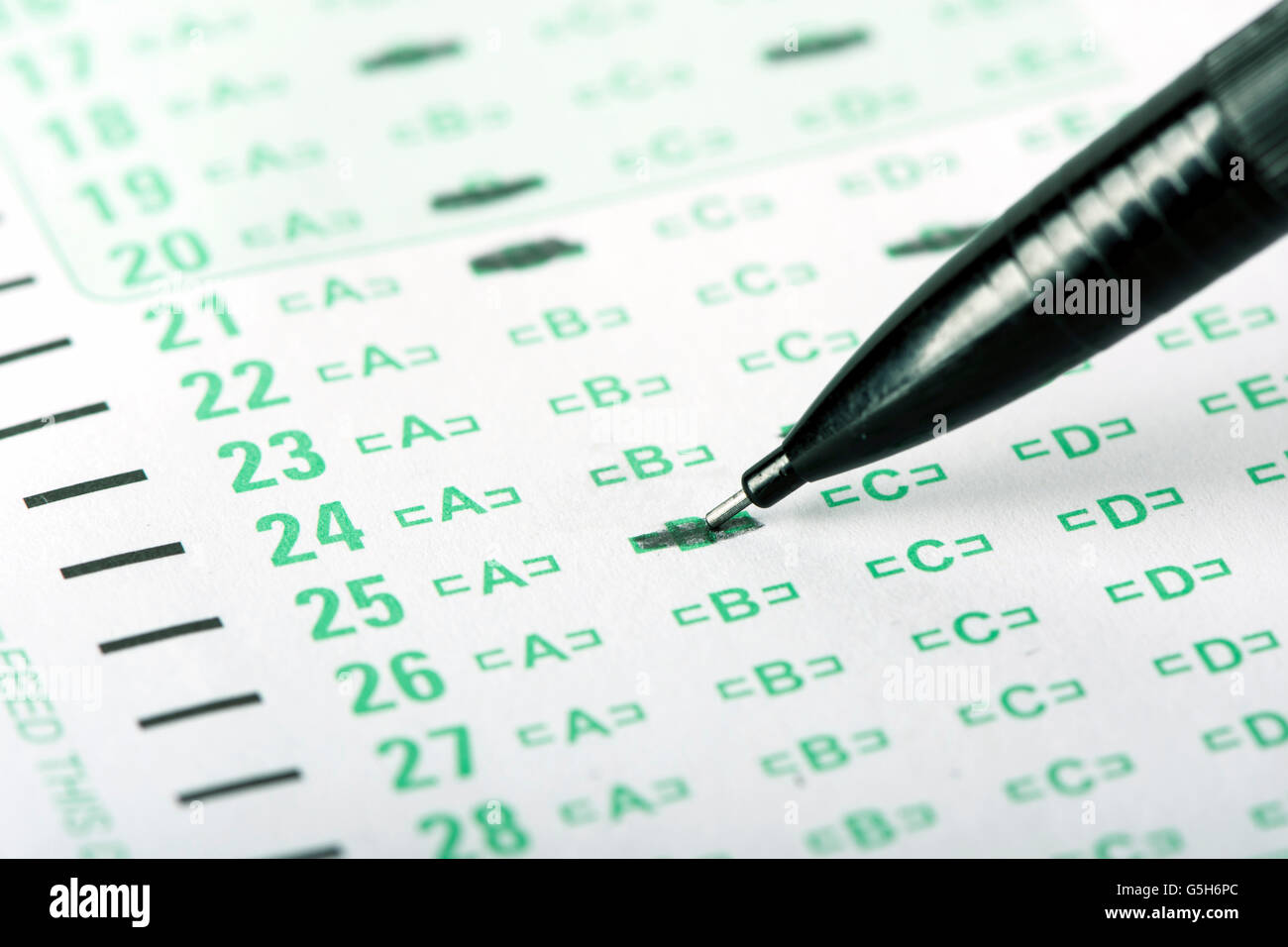 An answer sheet or optical mark recognition sheet with a mechanical pencil. Stock Photo