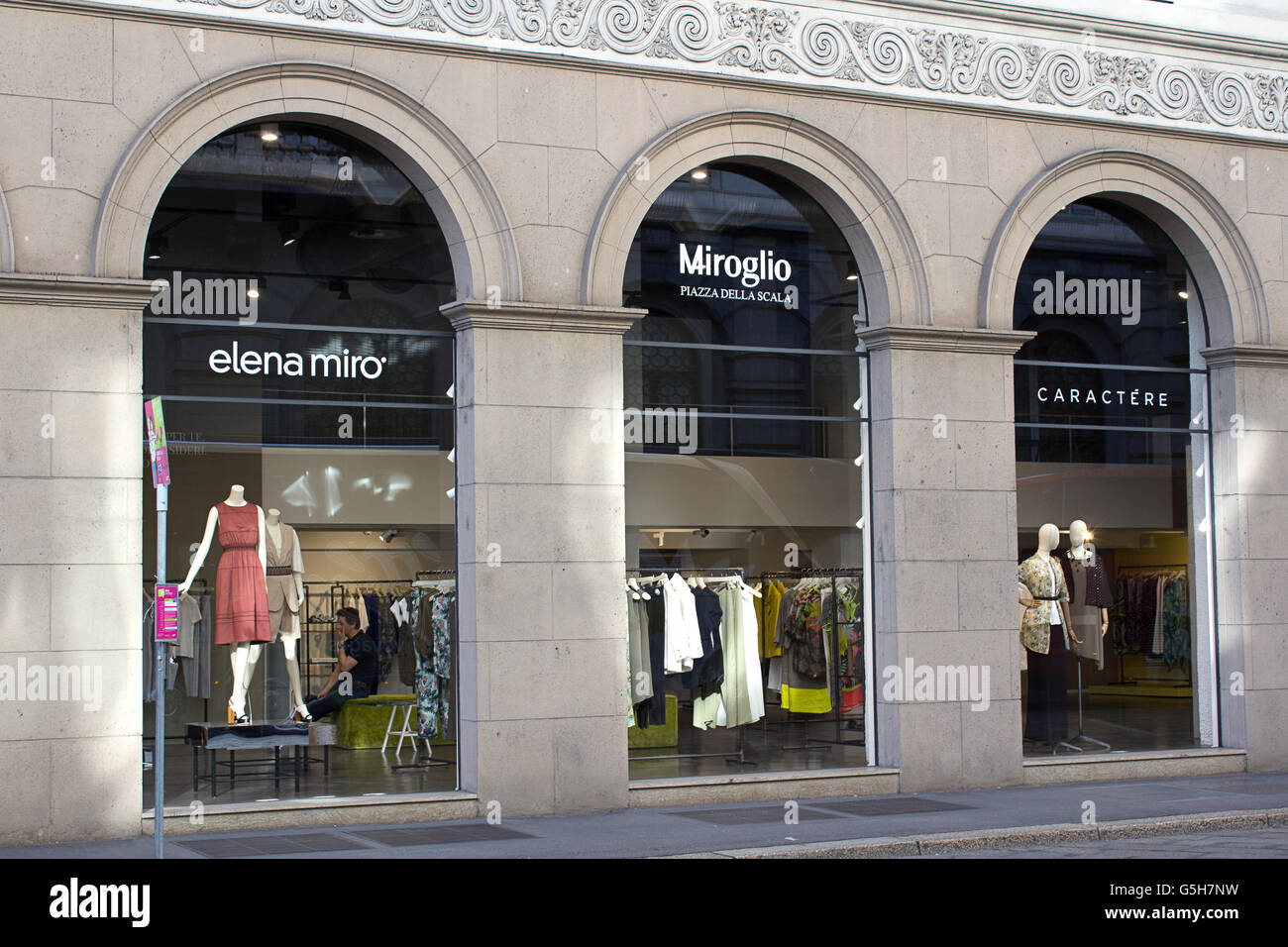 Elena Mirò, Miroglio, high fashion and accessories shopping windows in  Milano fashion district, Via Alessandro Manzoni Stock Photo - Alamy