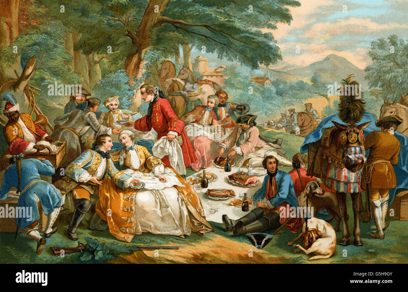 gastronomy,picnic,hunters' breakfast,France,18th century,coloured lithograph,19th century,18th century,graphic,graphics,France,hunt,hunts,resting,rest,having breakfast,have breakfast,half length,hunter,hunters,sitting,sit,standing,companionship,companionships,plate,plates,ham,eating,eat,wine bottle,wine bottles,drinking,drink,servant,servants,manservant,menservants,serve,serving,dog,dogs,horse,horses,dish,dishes,meal,meals,table cloth,tablecloth,table cloths,tablecloths,coloured,colored,historic,historical,,Additional-Rights-Clearences-Not Available Stock Photo