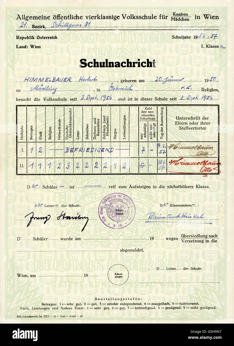 pedagogy,documents / certificates / reports,school report for Herbert Himmelbauer,school year 1956 / 1957,1st grade,elementary school,Schillergasse 31,21th district,Vienna,1957,20th century,1950s,50s,Austria,primary school,primary schools,school report,report card,school certificate,signature,signatures,stamp,stamps,seal,mark,grade,marks,grades,marking,grading,pedagogy,paedagogy,education,documents,document,attestation,attestations,school year,school years,form,school class,tutor group,forms,school classes,tutor group,Additional-Rights-Clearences-Not Available Stock Photo
