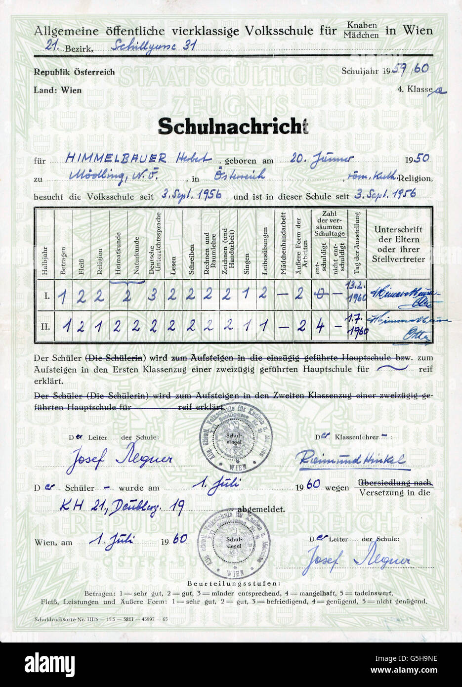 pedagogy,documents / certificates / reports,school report for Herbert Himmelbauer,school year 1959 / 1960,4th grade,elementary school,Schillergasse 31,21th district,Vienna,issued 1.7.1960,20th century,1950s,50s,1960s,60s,Austria,primary school,primary schools,school report,report card,school certificate,signature,signatures,stamp,stamps,seal,mark,grade,marks,grades,marking,grading,pedagogy,paedagogy,education,documents,document,attestation,attestations,school year,school years,form,school class,tutor group,forms,scho,Additional-Rights-Clearences-Not Available Stock Photo