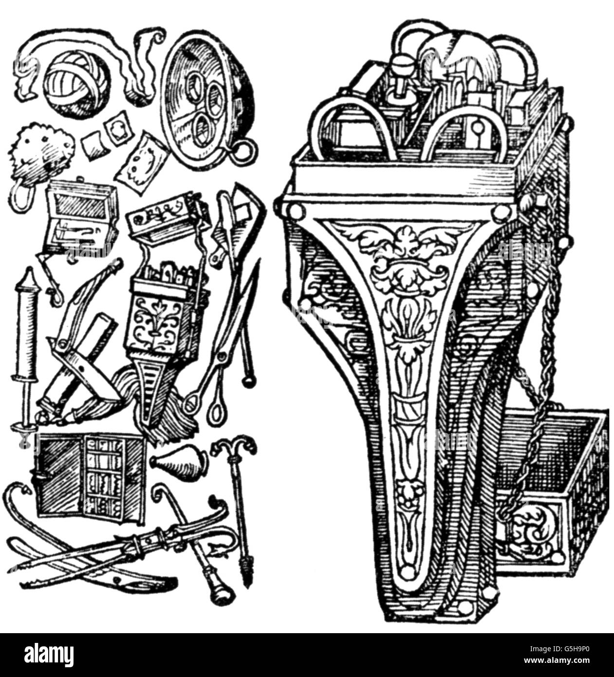 medicine, instruments / equipment, instruments with bag, woodcut by Jost Amman (1539 - 1591) for an oevre by Paracelsus, 16th century, 16th century, graphic, graphics, operation, undergo surgery, need surgery, a pair of scissors, shears, knife, knives, syringe, syringes, sponge, sponges, bandage, container, containers, instrument bag, instrument bags, object, objects, stills, scalpel, scalpels, medicine, medicines, devices, device, instrument, instruments, woodcut, woodcuts, historic, historical, Additional-Rights-Clearences-Not Available Stock Photo