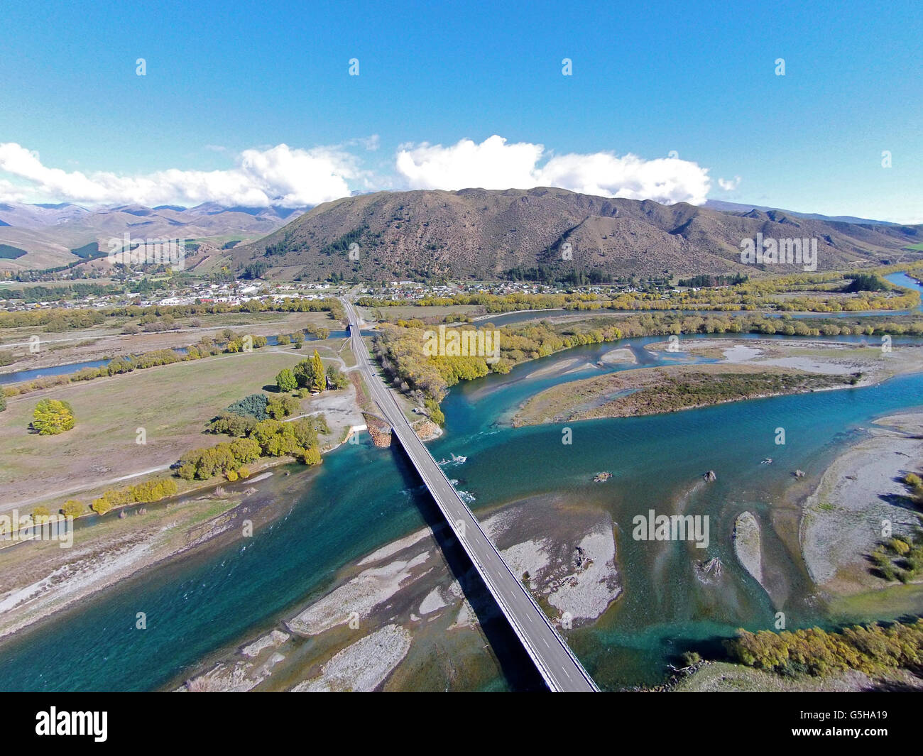 New Kurow Bridge over Waitaki River, Kurow, Waitaki Valley, North Otago, South Island, New Zealand - drone aerial Stock Photo