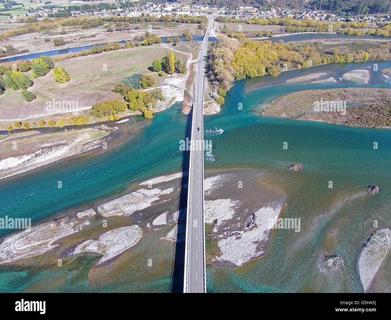 New Kurow Bridge over Waitaki River, Kurow, Waitaki Valley, North Otago, South Island, New Zealand - drone aerial Stock Photo