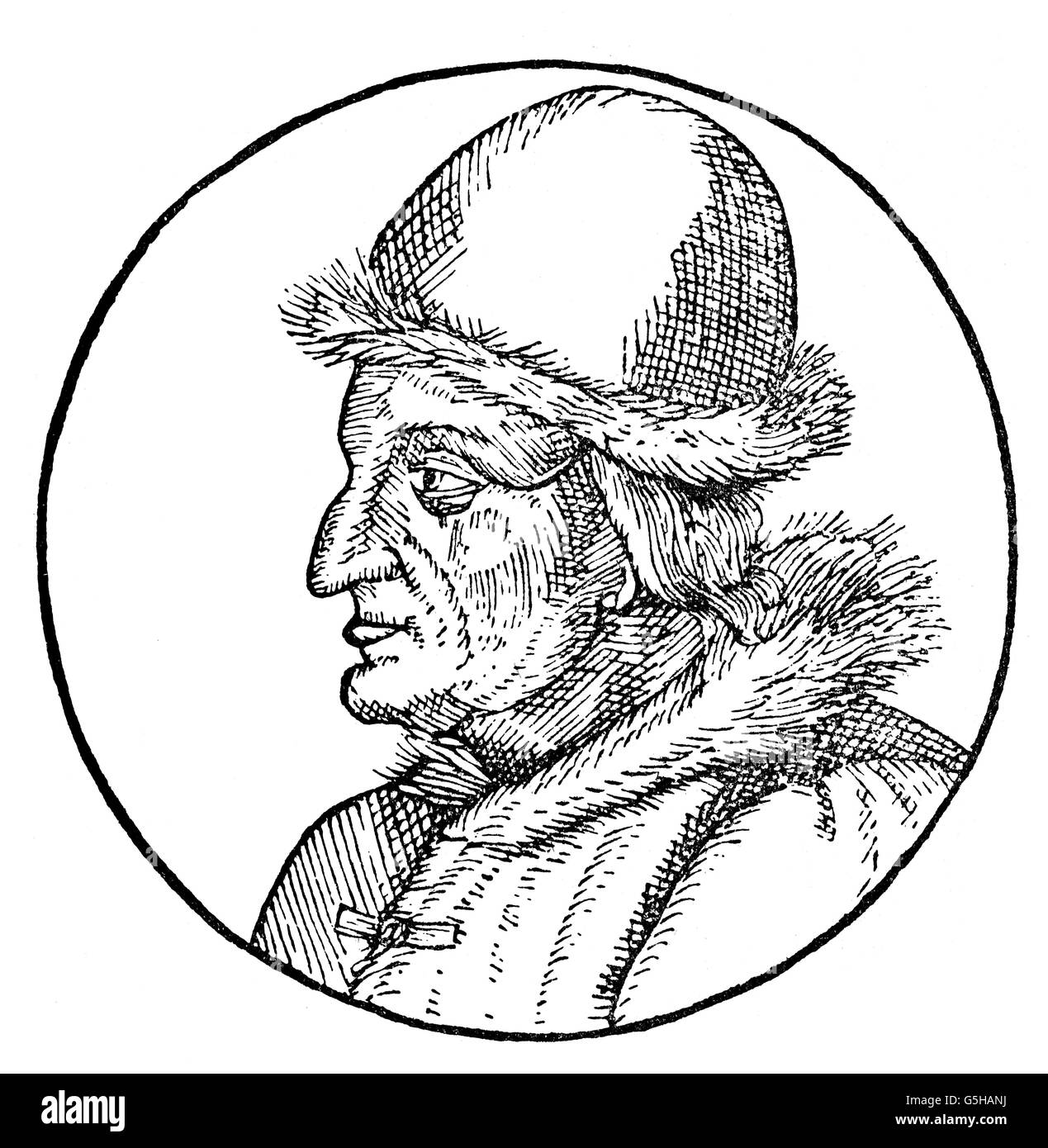 Regiomontanus (Johannes Mueller), 6.6.1436 - 6.7.1476, German scientist (mathematician, astronomer), portrait, profile, based on a contemporary portrait, wood engraving, 19th century, Stock Photo
