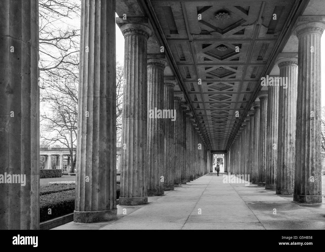 Covered walkway lined with columns on Museum Island in Berlin, Germany Stock Photo