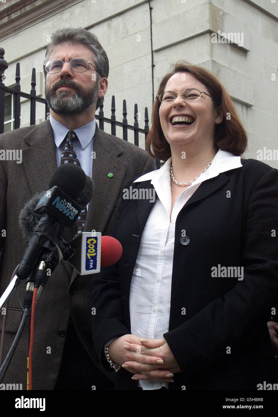 Sinn Fein's Michelle Gildernew MP for Fermanagh and South Tyrone, with the party's President Gerry Adams speaks to the media outside the High Court in Belfast, after winning her court case brought by the defeated Ulster Unionist's candidate James Cooper. *...The UUP and Cooper claimed that a polling station, in Garrison, Co Fermanagh, stayed open after hours enabling Sinn Fein members to vote. Gildernew won the Westminster Parliamentary seat by 53 votes. Stock Photo
