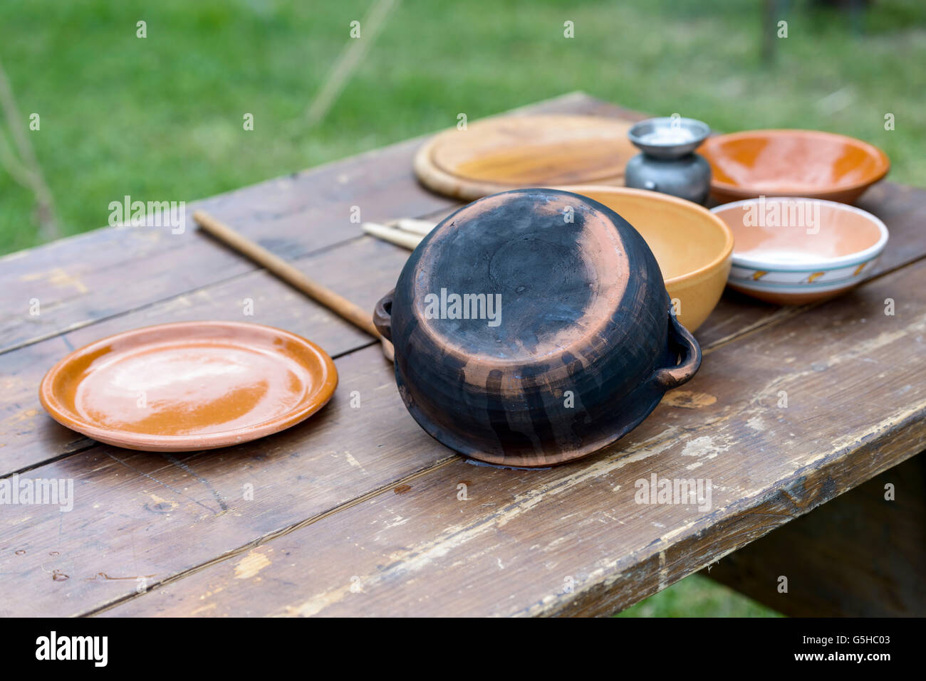medieval objects rebuilt to a historical reenactment Stock Photo