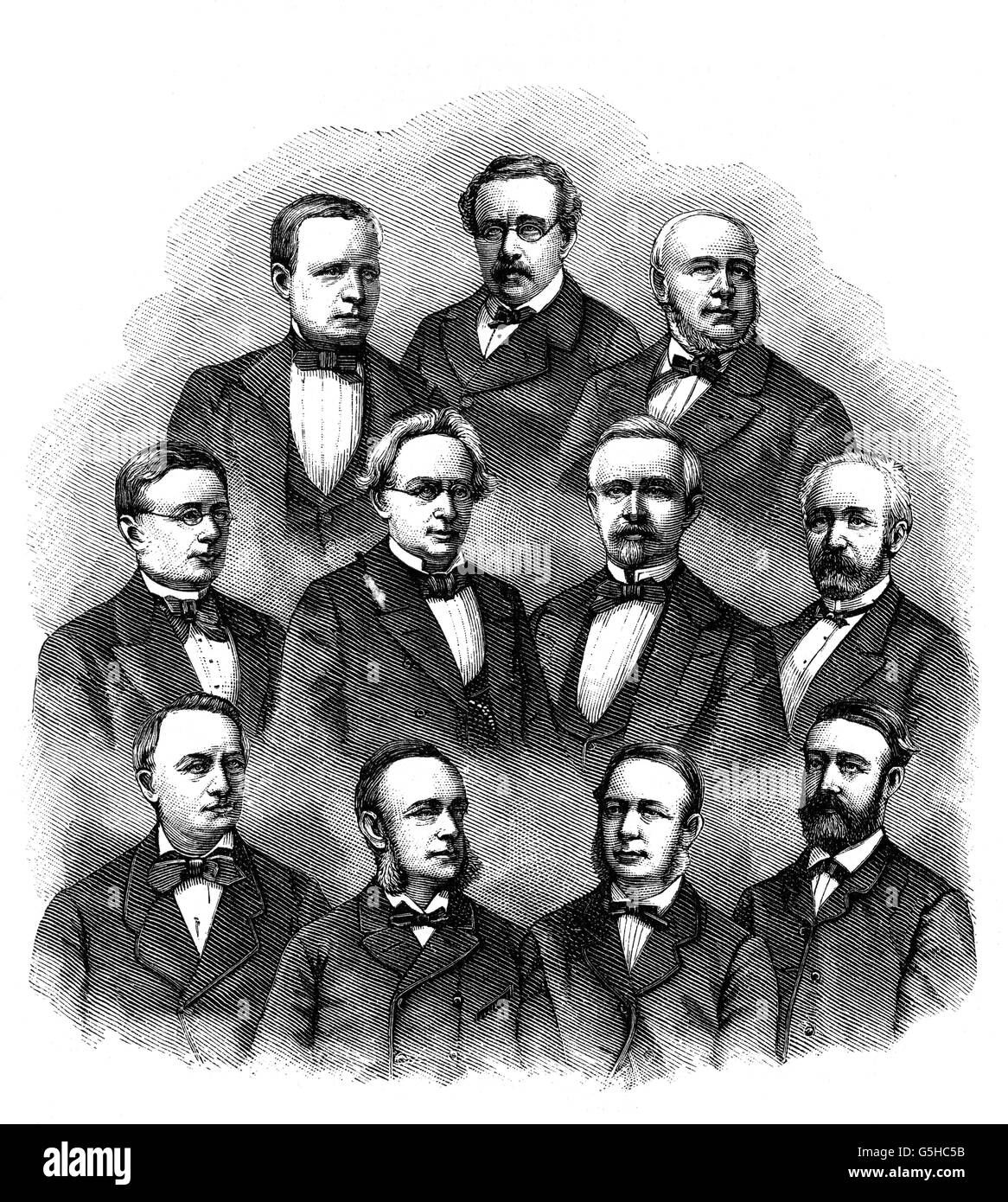 geography / travel, Norway, politics, government, ministry Schweigaard (1.3. - 26.6.1884), Vogt, Helliesen, Johansen, Holmboe, Selmer, Kierunlf, Munthe, Jensen, Hertzberg, Bachke, contemporary wood engraving, 19th century, cabinet, cabinets, government crisis, crisis of government, government crises, crises of government, minister, Secretary of State, ministers, group picture, politician, politicians, politics, policy, government, governments, ministry, ministries, ministeries, historic, historical, people, Additional-Rights-Clearences-Not Available Stock Photo