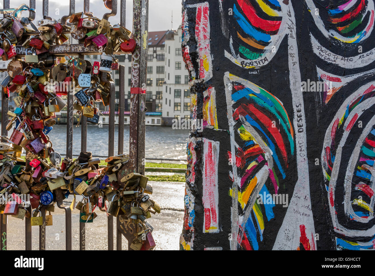 Sections of the Berlin Wall, now covered in street art and lovelocks at