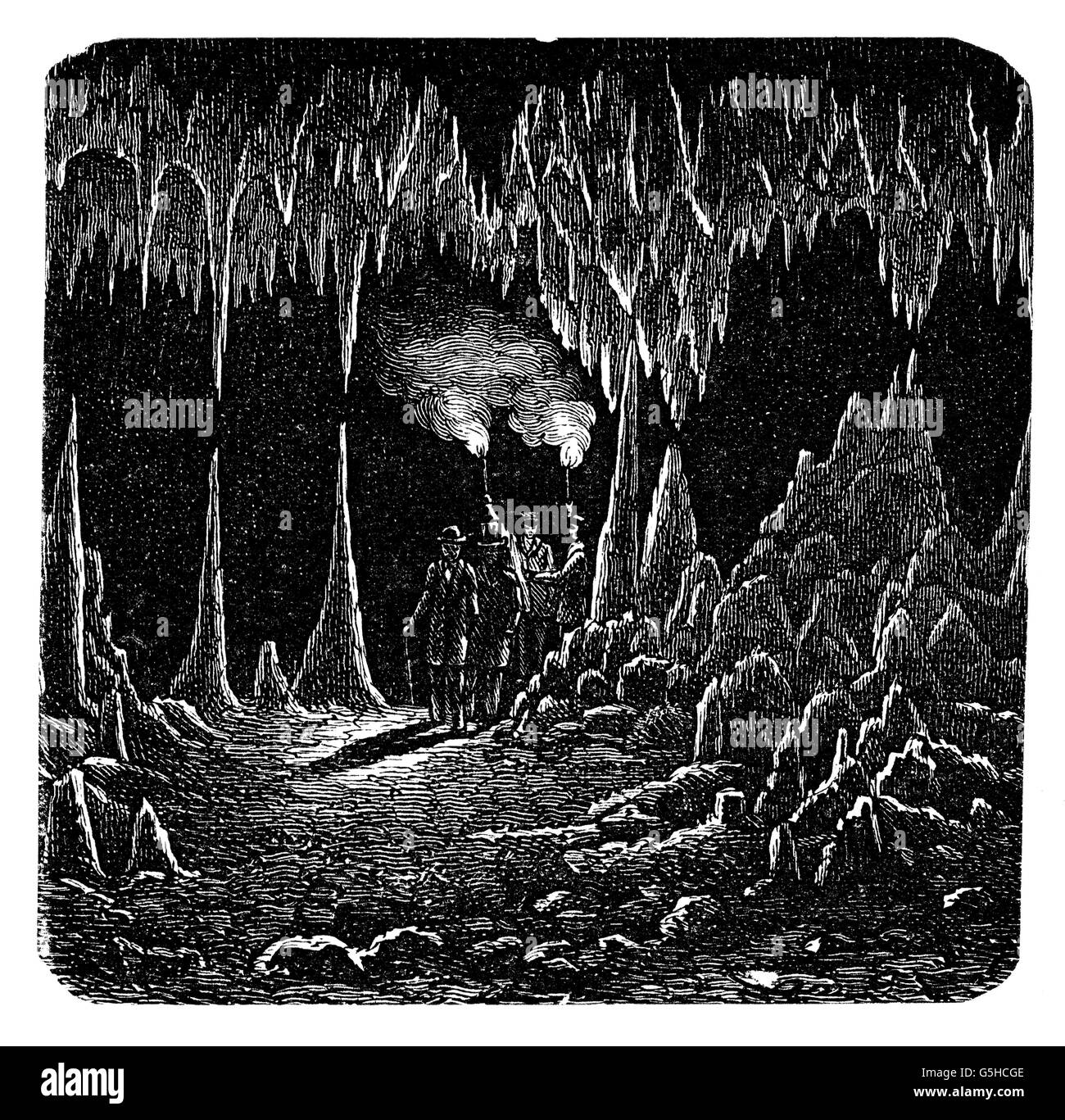 geology, cave, dripstone cave, Dechen Cave near Iserlohn, Germany, wood engraving after drawing, 19th century, 19th century, graphic, graphics, geography / travel, North Rhine-Westphalia, North-Rhine, Rhine, Westphalia, Nordrhein-Westfalen, Nordrhein-Westphalen, Sauerland, darkness, stalagmite, stalactite, stalactites, visitor, visitors, torch, flambeau, torches, flambeaus, light, lights, Central Europe, Europe, cave, caves, dripstone cave, dripstone caves, historic, historical, people, Additional-Rights-Clearences-Not Available Stock Photo